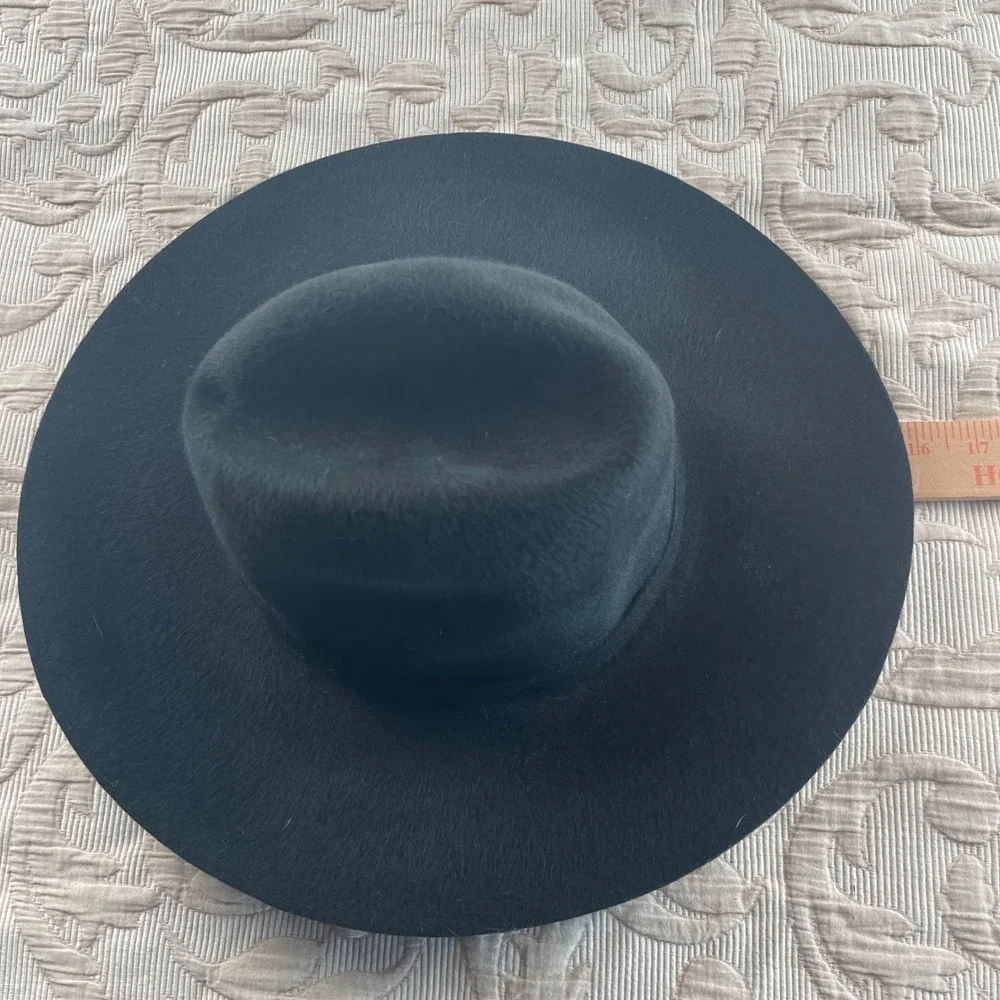 Zara Black‎ Wide Brim Fedora Hat Wool Felt Pinched Crown Buckle Band Size M 58cm